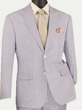 Vinci Seersucker Blazer Gray Striped Cotton 52S Preppy Old Money Wedding Summer
